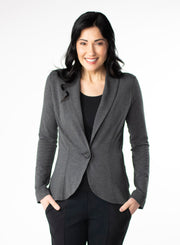 Charcoal Grey Tailored Blazer in Bamboo knit fabric with a wood button at front closure. Styled with Black fitted tank and pants