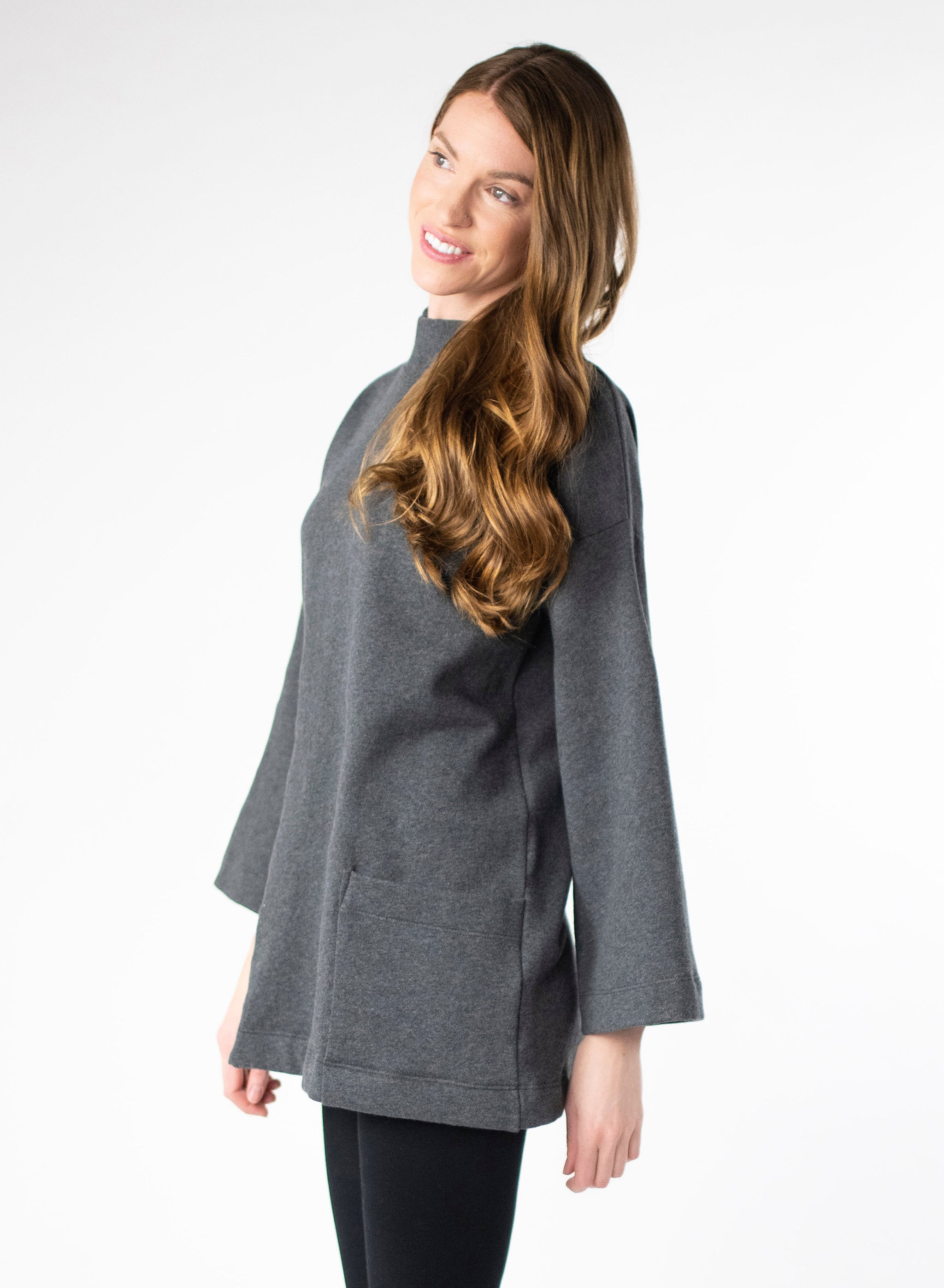 Charcoal Grey Organic Cotton Fleece tunic length sweater with full sleeves. Features front pockets and wide collar.