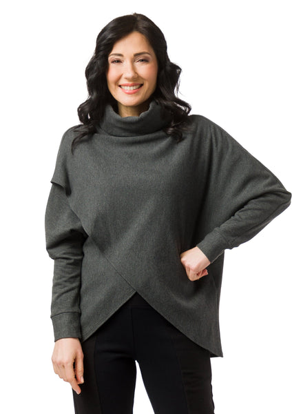 Charcoal Grey fleece sweater with cowl neck and dolman cuffed sleeves. Sweater features a reverse-V drape in front. 