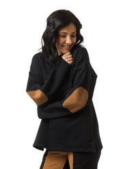 Black Organic Cotton Fleece unisex sweater. Features Nutmeg elbow patch in twill fabric.