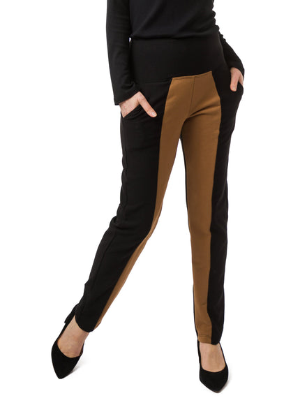 Two-toned pants in Black and Nutmeg. Slim fit with wide waistband and side pockets. 