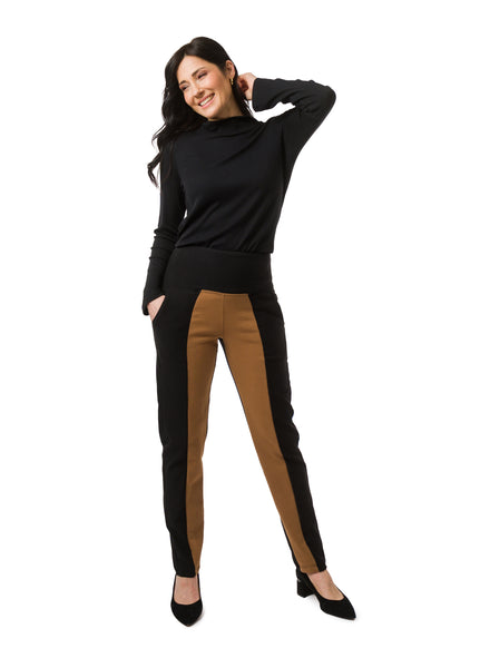 Two-toned pants in Black and Nutmeg. Slim fit with wide waistband and side pockets. Styled with black mock neck