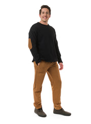 Black Organic Cotton Fleece unisex sweater. Features Nutmeg elbow patch in twill fabric.