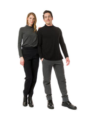 Model 1: Charcoal Grey unisex mock neck and Black unisex trousers. Model 2: Black unisex mock neck and Charcoal Grey unisex trousers.