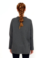 Charcoal Grey unisex sweater with reverse fabric sleeves and neck band. Pintuck detail on elbow.