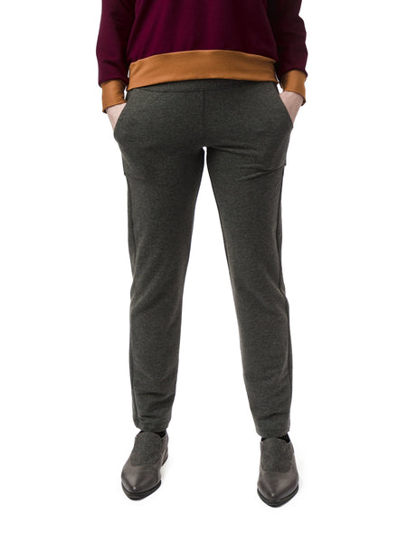 Charcoal Grey fitted cigarette style pant. Ankle length pant with pockets and wide waistband. 