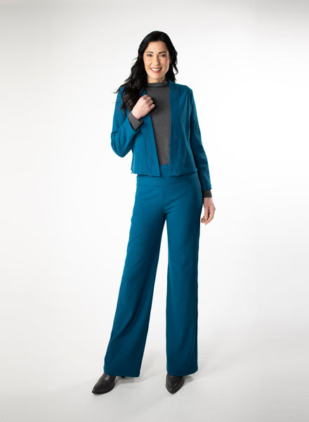 Blue Fleece wide leg pants. Styled with Charcoal Grey mock neck and matching blue fleece cropped cardigan.