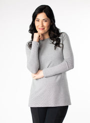 Grey and white striped top with wrist length sleeve. 2-way neckline options. Boat neck. 