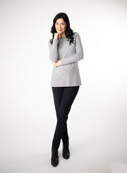 Grey and white striped top with wrist length sleeve. 2-way neckline options. Boat neck paired with Black fitted pant