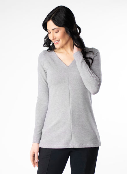 Grey and white striped top with wrist length sleeve. 2-way neckline options. V-neck