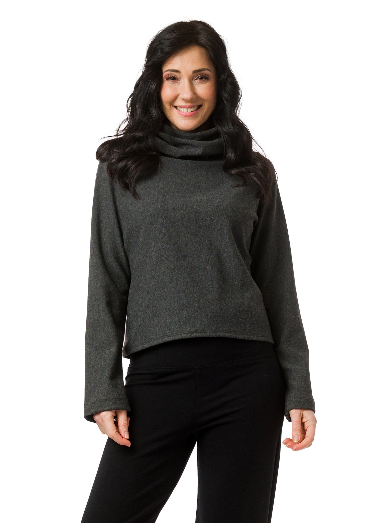 Charcoal Grey Fleece cropped sweater with dual cowl neck and fitted hood. Pleat at centre back hem. 