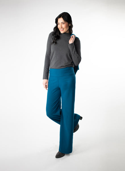 Blue Fleece wide leg pants. Styled with Charcoal Grey mock neck. 