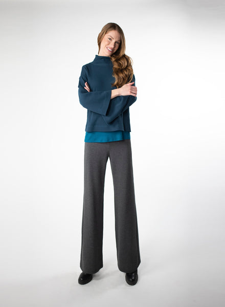 Charcoal Grey Fleece wide leg pants. Styled with blue ribbed mock neck and waffle knit mock neck cropped sweater.