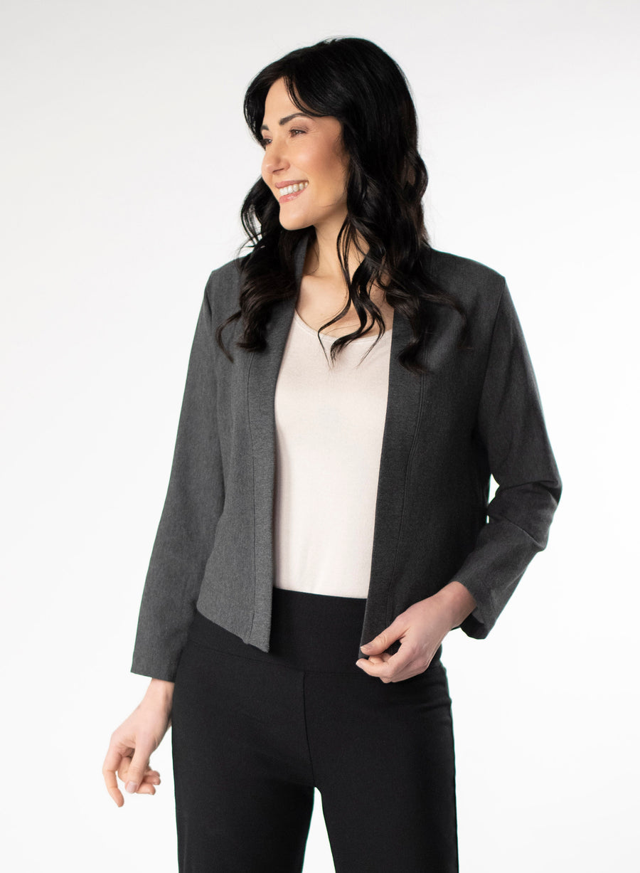 Charcoal Grey fleece cropped cardigan. Styled with white tee and Black fleece wide leg pants. 