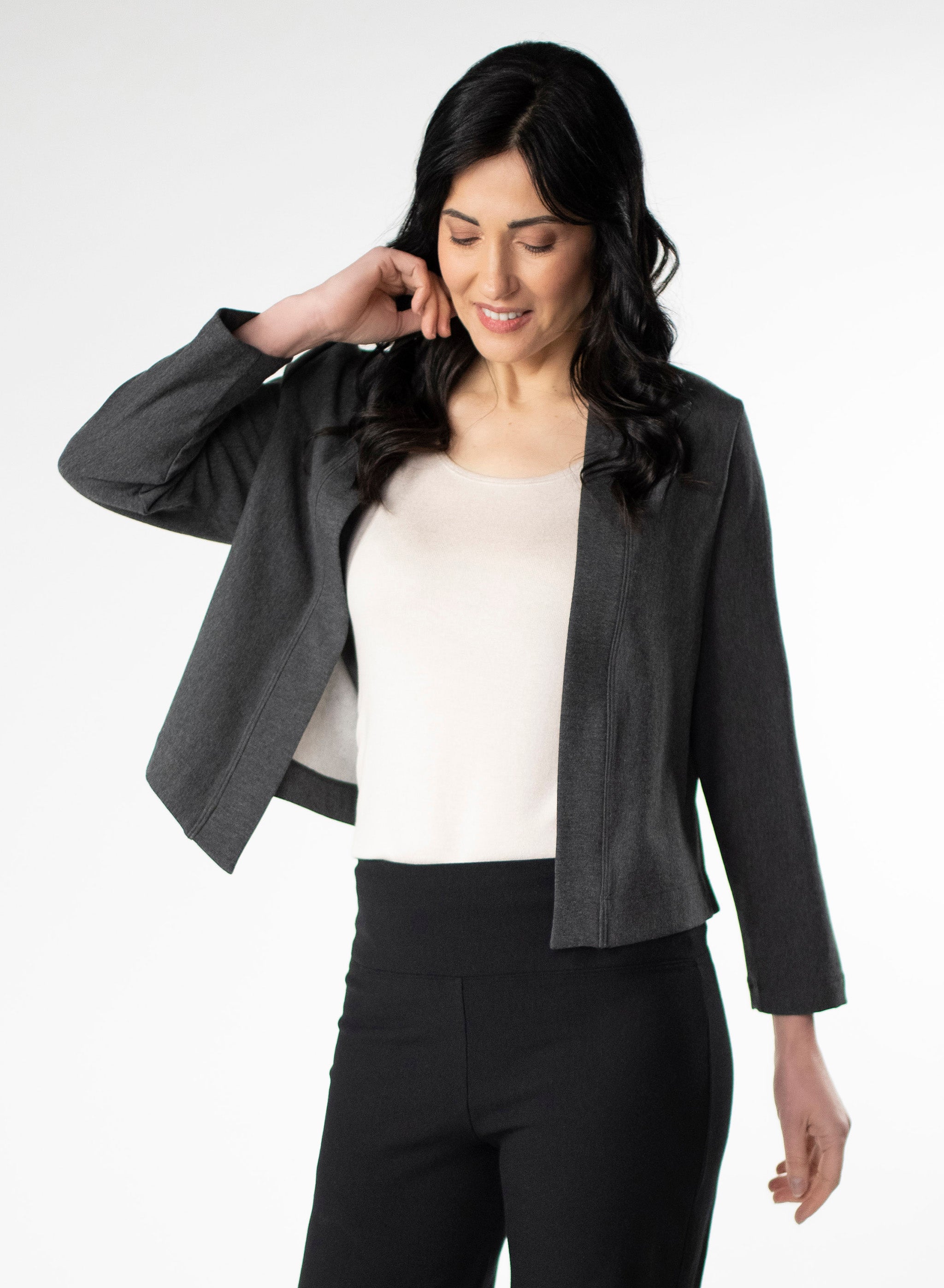 Charcoal Grey fleece cropped cardigan. Styled with white tee and Black fleece wide leg pants. 