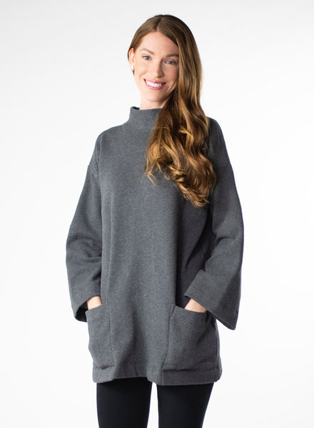 Charcoal Grey Organic Cotton Fleece tunic length sweater with full sleeves. Features front pockets and wide collar. 
