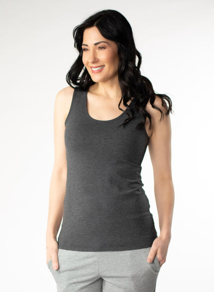Charcoal Grey fitted scoop neck tank top. Styled with Grey and White striped pants.