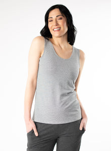 Grey and white striped fitted scoop neck tank top. Styled with Charcoal Grey cuffed pants.
