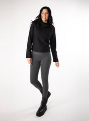 Charcoal Grey bamboo leggings with a wide waistband. Styled with Black cropped sweater.