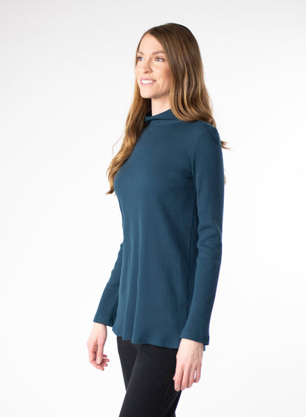 Deep Blue organic cotton waffle knit mock neck. Loose fit to the body. 