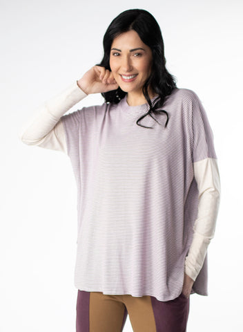 Burgundy and White Stripe oversized long sleeve top with cream sleeves. Side seam split offers different styling options.