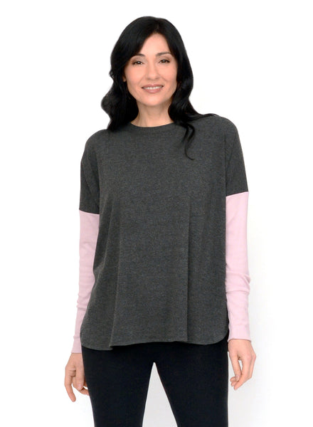 Charcoal Grey Burgundy and White Stripe oversized long sleeve top with light pink ribbed sleeves. Side seam split offers different styling options.