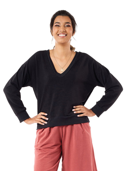 Black V-neck sweater with Black rib accent details on neck band, cuff and hem.