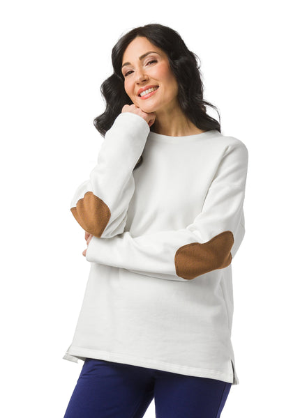Off-White Cream Organic Cotton Fleece unisex sweater. Features Nutmeg elbow patch in twill fabric. 