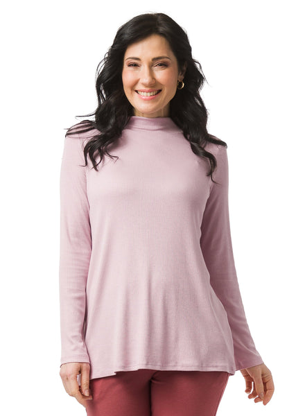 Light Pink ribbed mock neck fitting loose to the body. 