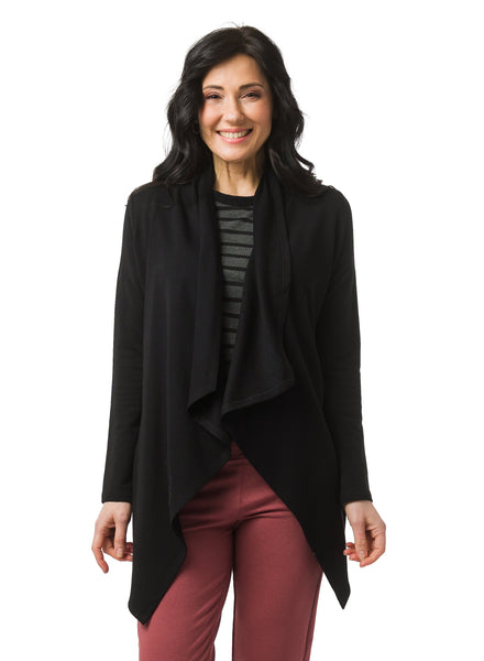 Black open style cardigan with long drape in front and side seam pockets.