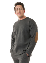 Charcoal Grey Organic Cotton Fleece unisex sweater. Features Nutmeg elbow patch in twill fabric. 