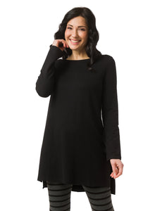 Black tunic with step hem and boat neckline. Styled with Charcoal and Black stripe leggings