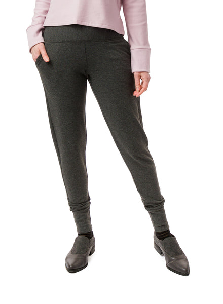 Charcoal Grey fitted casual pant with side pockets, wide waistband and cuff and the ankles.   