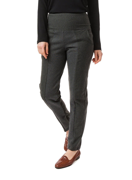 Dual fabric pants in Charcoal Grey. Slim fit with wide waistband and side pockets. 
