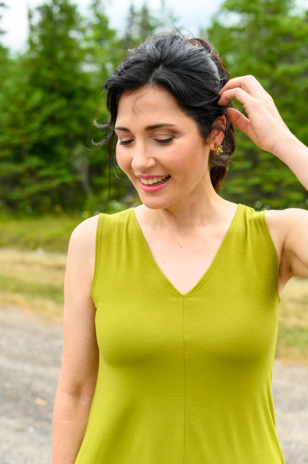 V-neck reversible tank top made from kiwi coloured, eco-friendly fabrics.