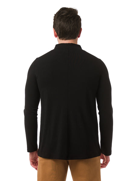 Black unisex mock neck, fitting close to the body with full length sleeves. Bamboo Cotton Jersey.