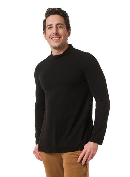Black unisex mock neck, fitting close to the body with full length sleeves. Bamboo Cotton Jersey.