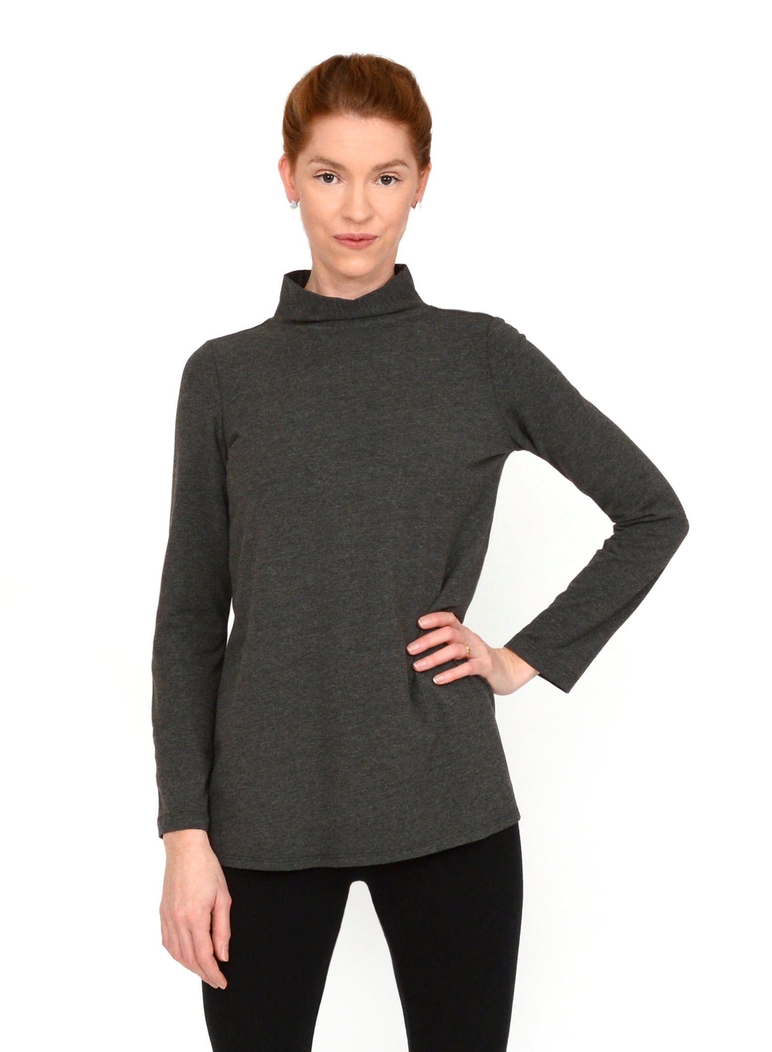 Charcoal Grey unisex mock neck, fitting close to the body with full length sleeves. Bamboo Cotton Jersey.