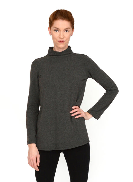 Charcoal Grey unisex mock neck, fitting close to the body with full length sleeves. Bamboo Cotton Jersey.